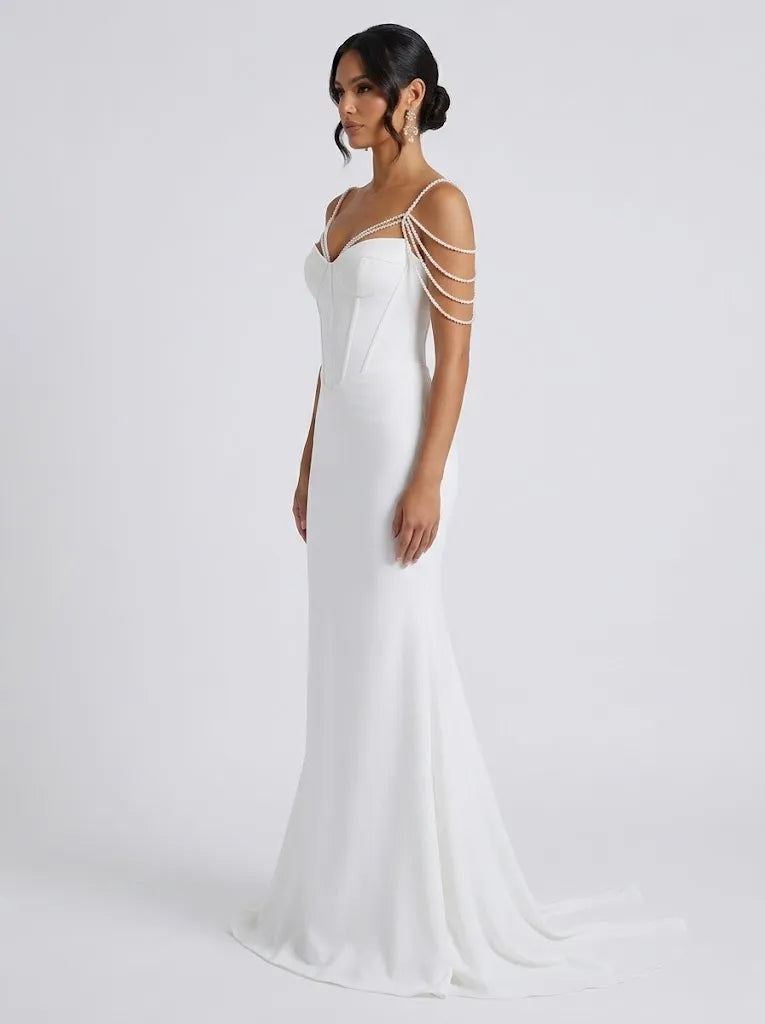 Pearl Chain Off-Shoulder Corset Crepe Sleeveless Mermaid Wedding Dress