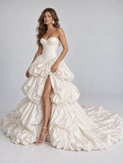Strapless Sweetheart Tiered Bubble Satin Ball Gown Wedding Dress with High Slit