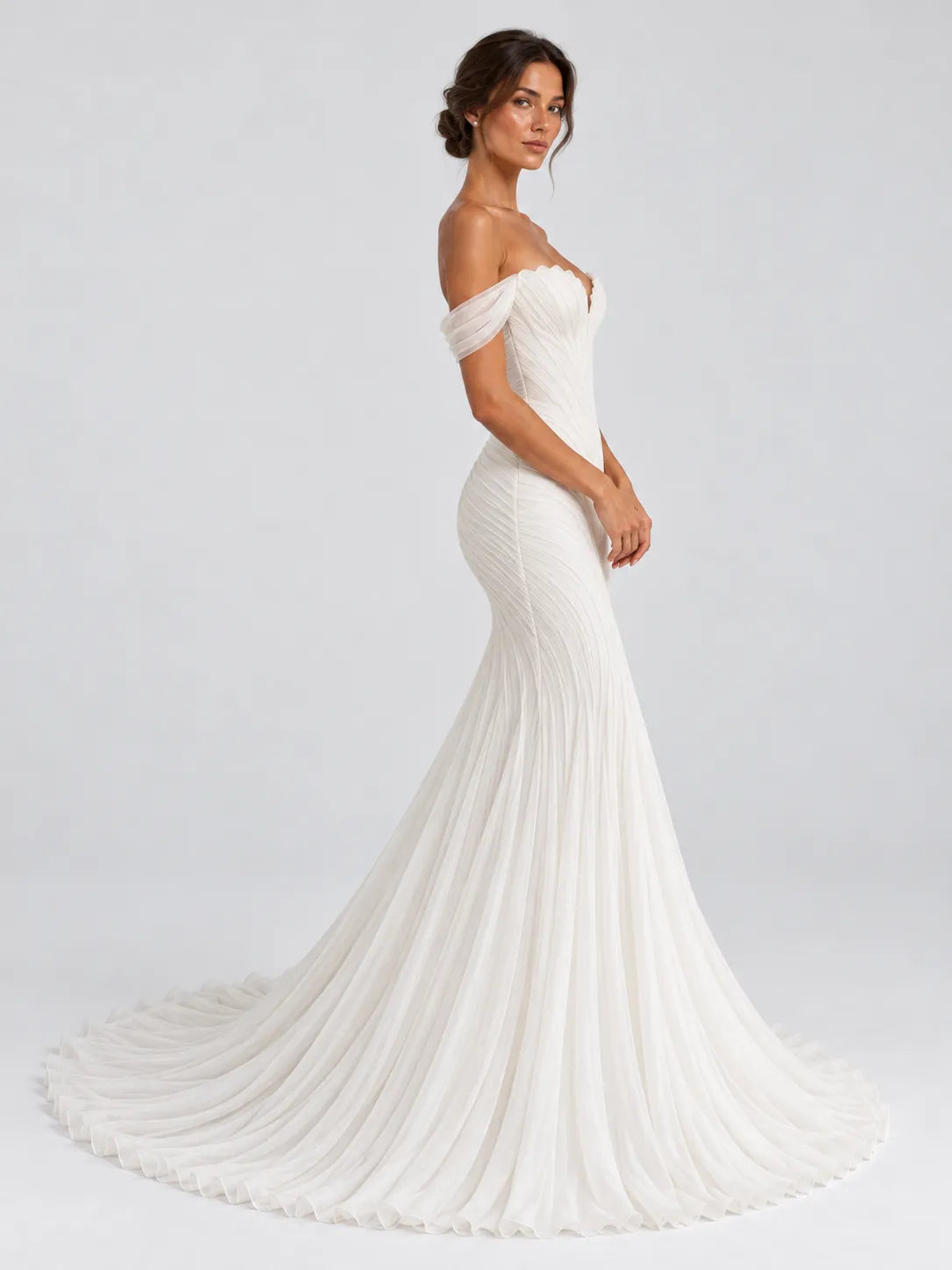Off-the-Shoulder Pleated Chiffon Mermaid Wedding Dress with Sweep Train