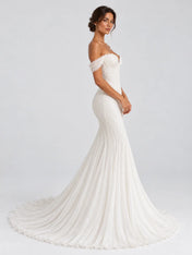 Off-the-Shoulder Pleated Chiffon Mermaid Wedding Dress with Sweep Train