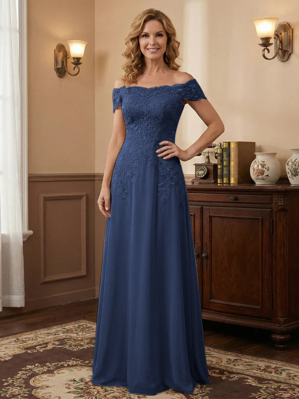 Elegant Taupe Off The Shoulder Sheath Mother of the Bride Dress with Lace