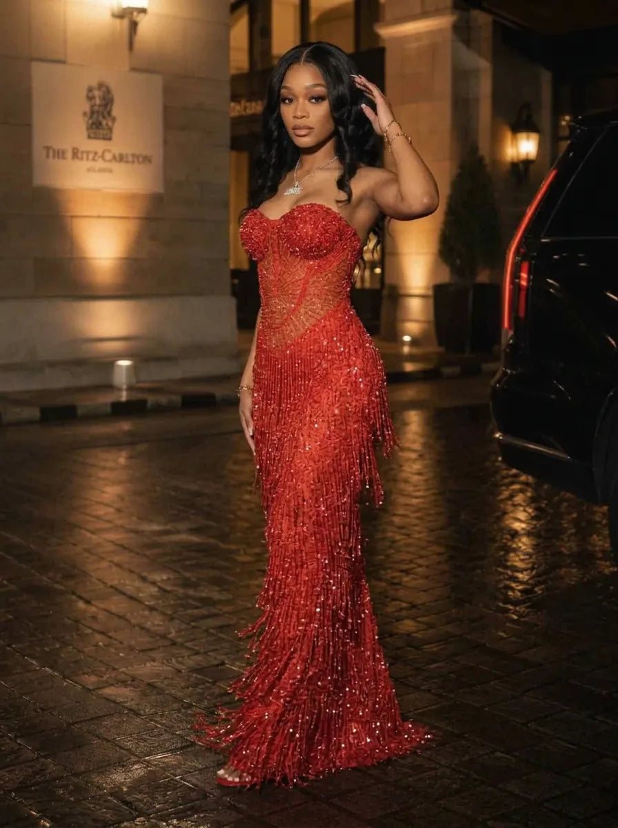 Strapless Fringe-Embellished Mermaid Prom Dress