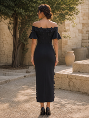 Black 3D Floral Off-The-Shoulder Ankle-Length Gown Dress