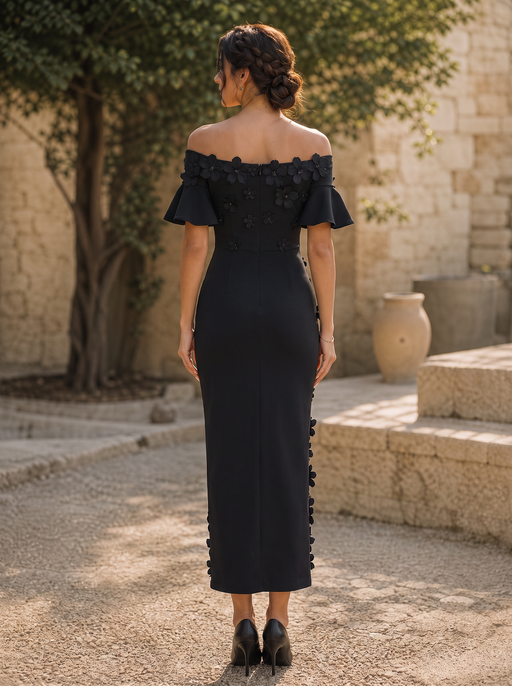 Black 3D Floral Off-The-Shoulder Ankle-Length Gown Dress