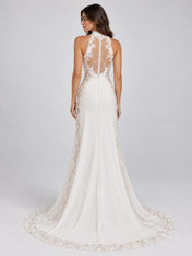 High-Neck Lace-Panel Mermaid Bridal Gown Wedding Dress