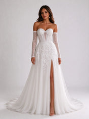 Off-the-Shoulder Sweetheart Lace Corset Tulle A-Line Wedding Dress with High Slit and Detachable Sleeves