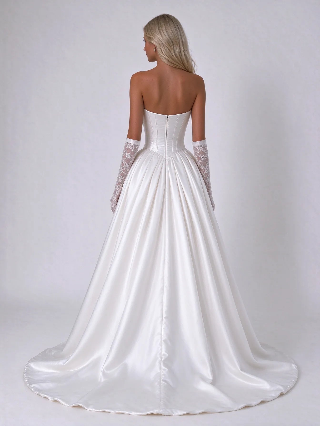 Strapless Corset Satin Ball Gown Wedding Dress with High Slit and Lace Gloves