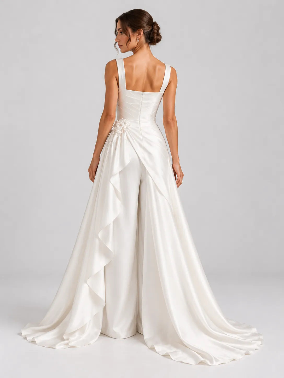 Tailored Wide-Leg Satin Wedding Dress Bridal Jumpsuit with Draped Overskirt and Sweep Train