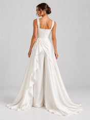 Tailored Wide-Leg Satin Wedding Dress Bridal Jumpsuit with Draped Overskirt and Sweep Train