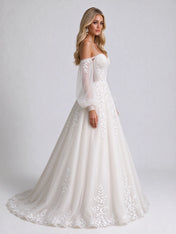 Off-the-Shoulder Bishop Sleeve Embroidered Lace A-Line Wedding Dress with Sweep Train