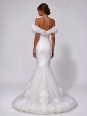 Off-the-Neck Ruffled-Trim Crepe Mermaid Wedding Dress with Cathedral Train