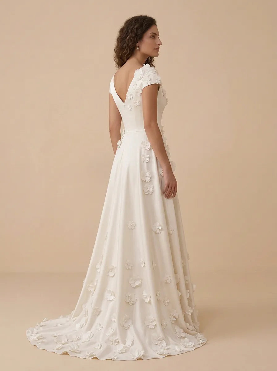 Cap-Sleeve 3D Floral Applique Satin A-Line Wedding Dress
