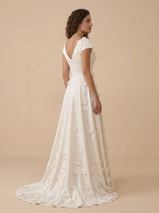 Cap-Sleeve 3D Floral Applique Satin A-Line Wedding Dress