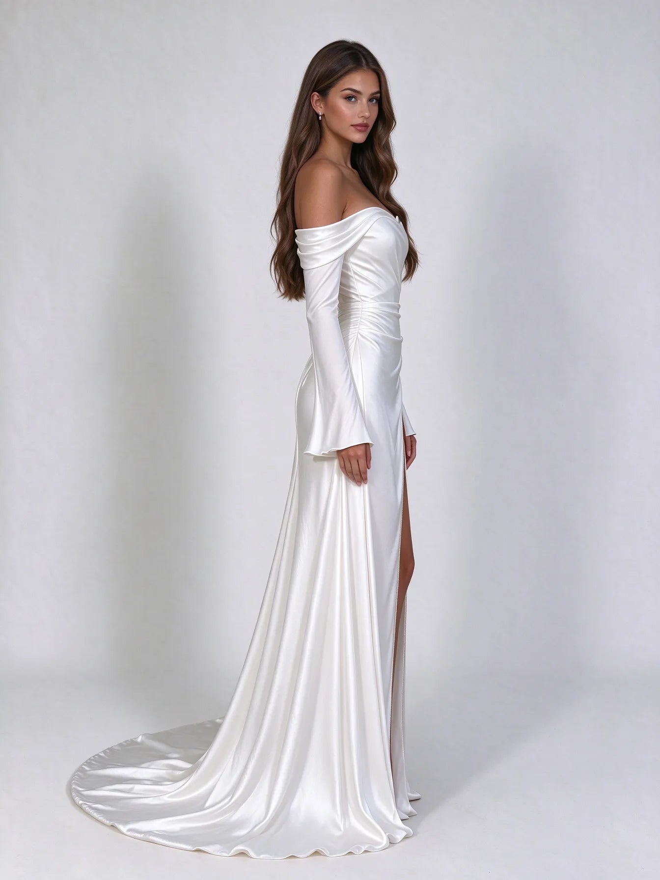 Off-the-Shoulder Draped Long-Sleeve Satin Wedding Dress with High Slit and Sweep Train