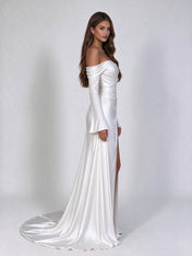 Off-the-Shoulder Draped Long-Sleeve Satin Wedding Dress with High Slit and Sweep Train