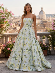Strapless Floral Jacquard A-Line Prom Dress with Exposed Seams and Corset Back