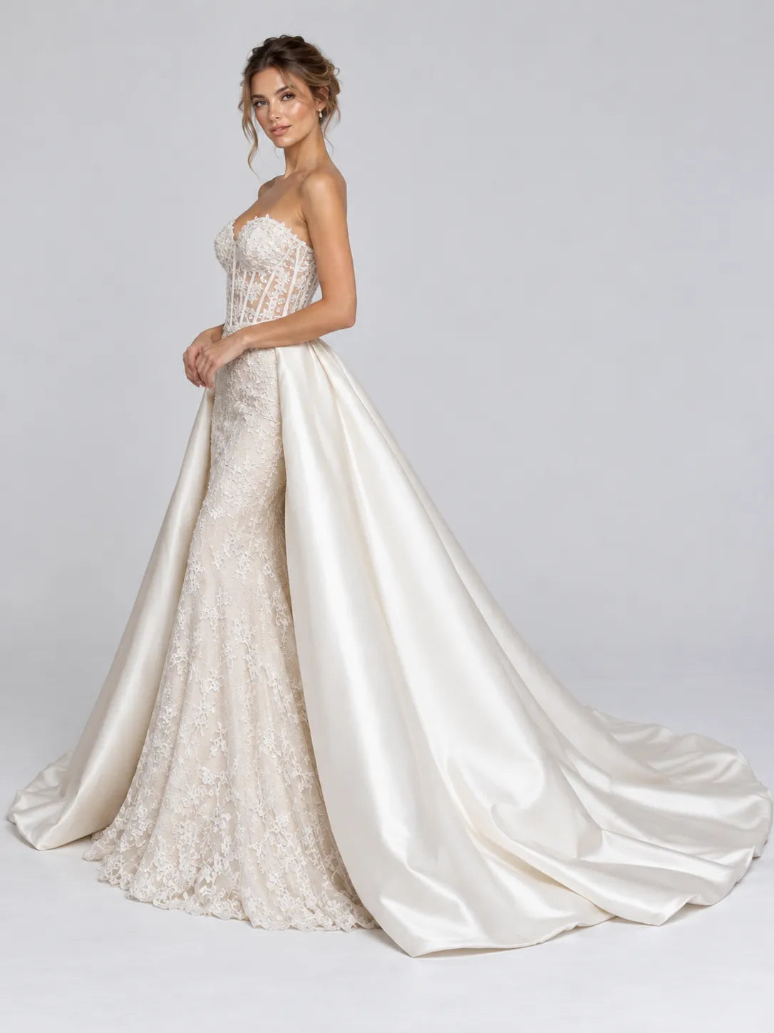 Strapless Lace Mermaid Wedding Dress with Detachable Satin Overskirt