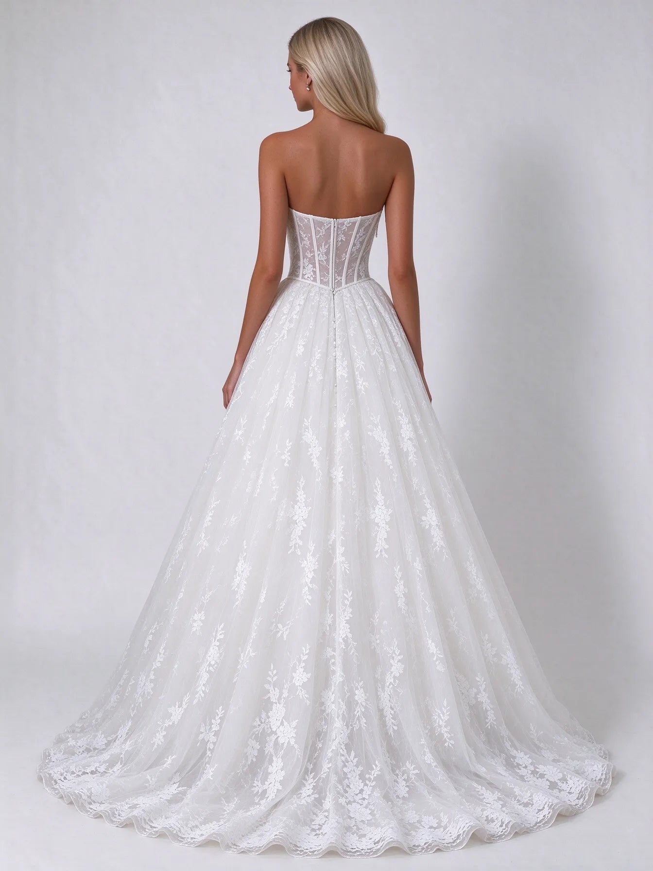 Strapless Lace Sheer-Corset A-Line Bridal Wedding Dress with Cathedral Train