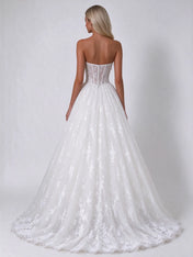 Strapless Lace Sheer-Corset A-Line Bridal Wedding Dress with Cathedral Train