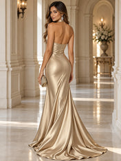 Elegant and Luxurious Cowl-neck Champagne Gold Satin Maxi Dress