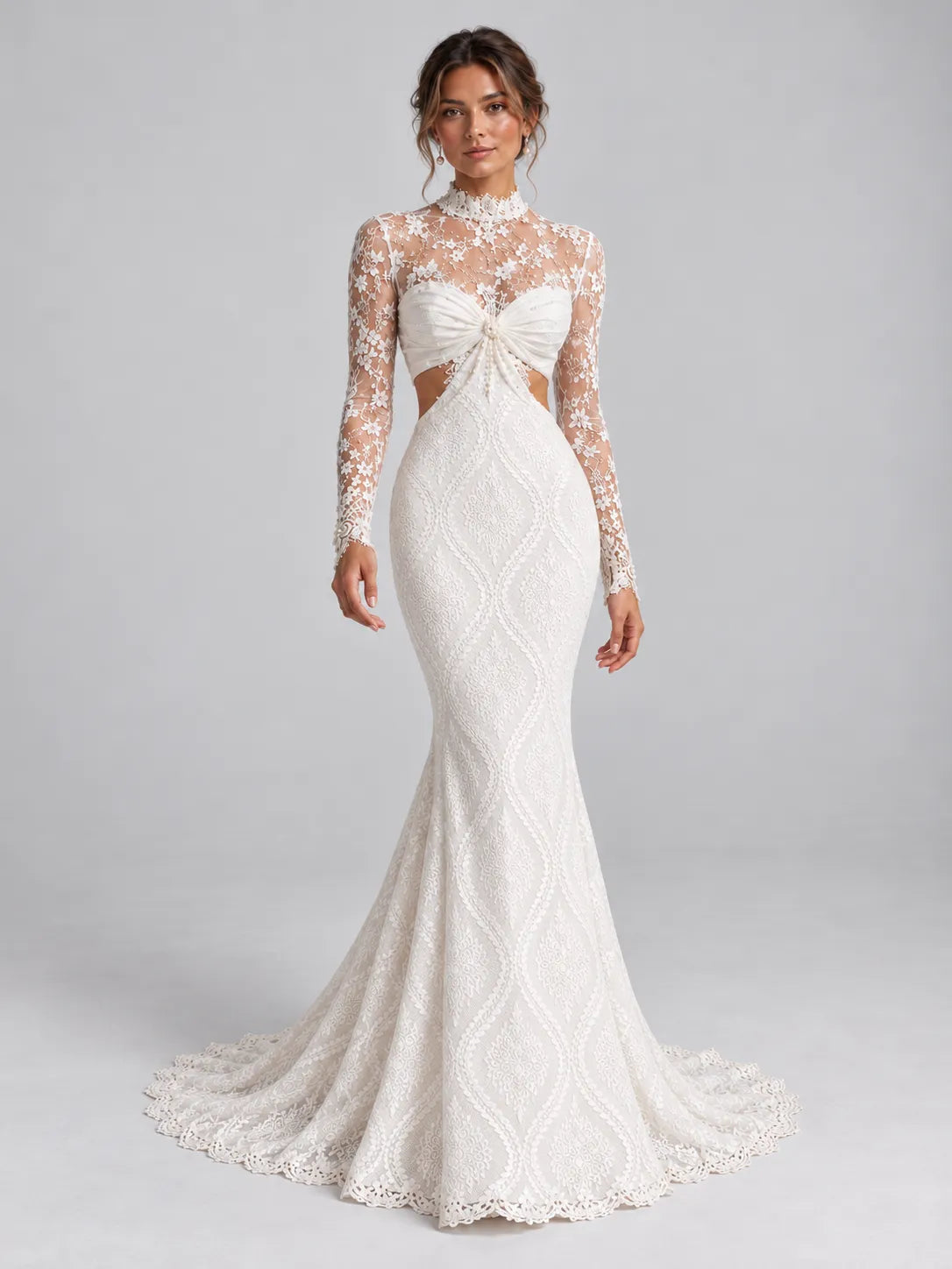 High-Neck Long-Sleeve Lace Mermaid Wedding Dress with Cutouts