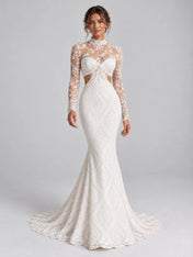 High-Neck Long-Sleeve Lace Mermaid Wedding Dress with Cutouts