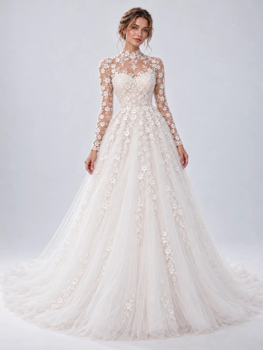 High-Neck Long-Sleeve Floral Applique Ball Gown Wedding Dress