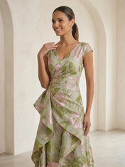 Cap-Sleeve Jacquard Asymmetric Ruffle Long Mother Of The Bride Dresses