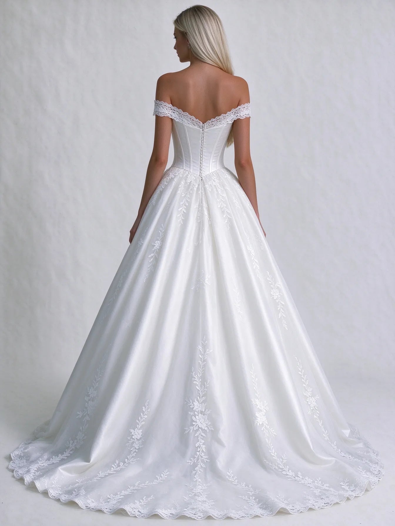 Off-the-Shoulder Lace Corset Ball Gown Wedding Dress