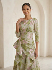 Elegant Boat-Neck Jacquard Asymmetric Ruffle Long Mother Of The Bride Dresses