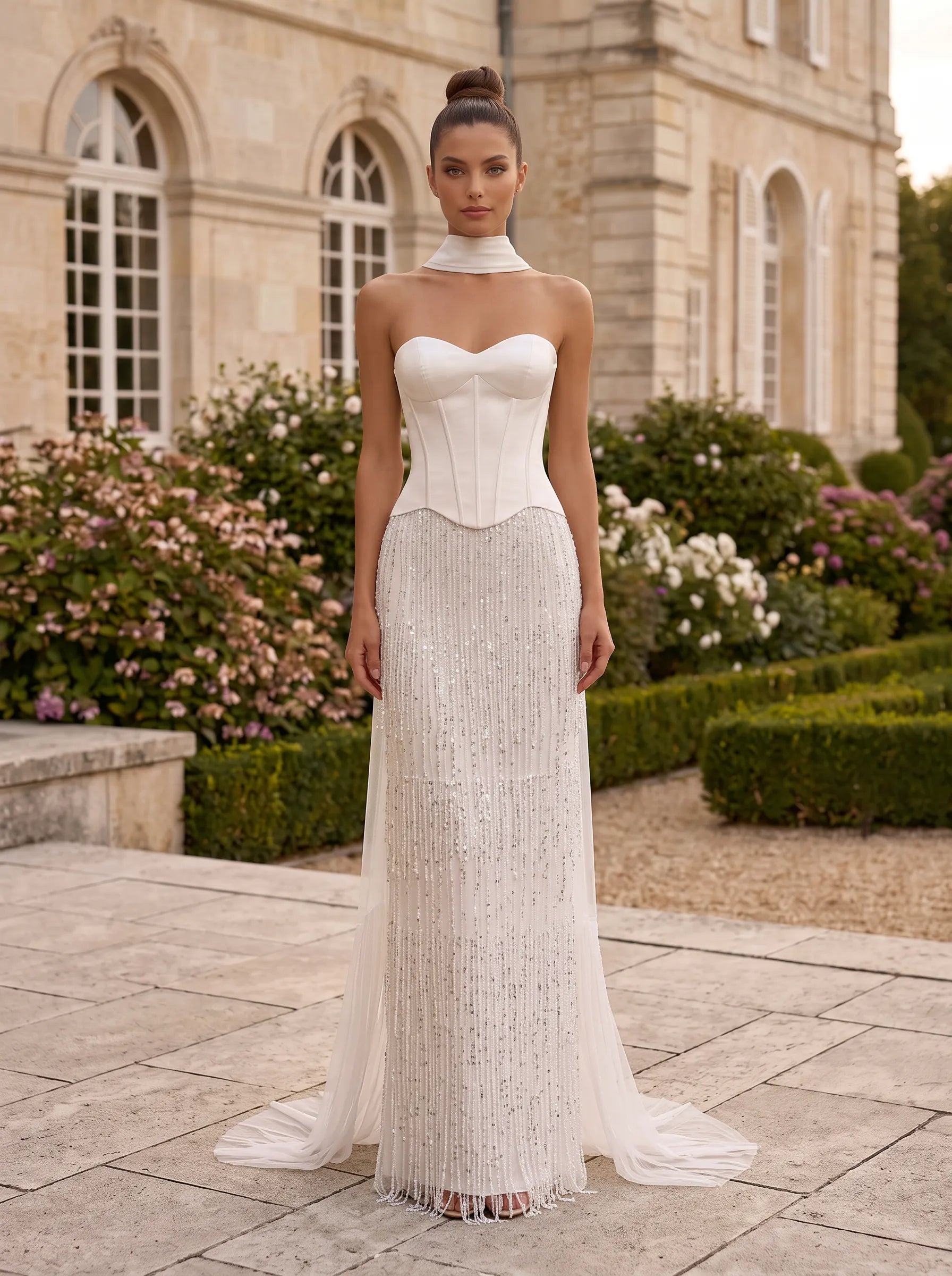 Sweetheart Choker Corset Beaded Fringe Column Wedding Dress with Tulle Over-Train