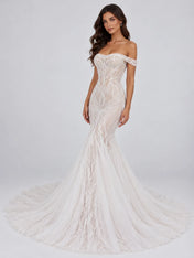 Off-the-Shoulder Illusion Branch-Embroidered Mermaid Wedding Dress with Lace-Up Back