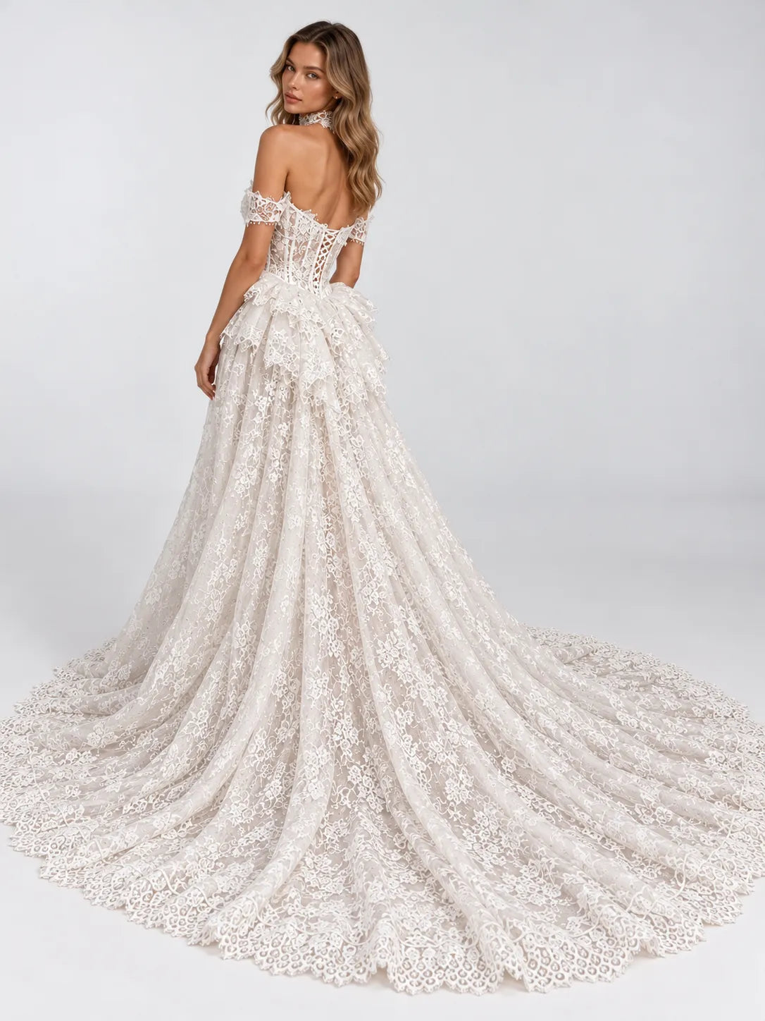 Off-the-Shoulder Lace Mermaid Wedding Dress with Detachable Overskirt and Choker