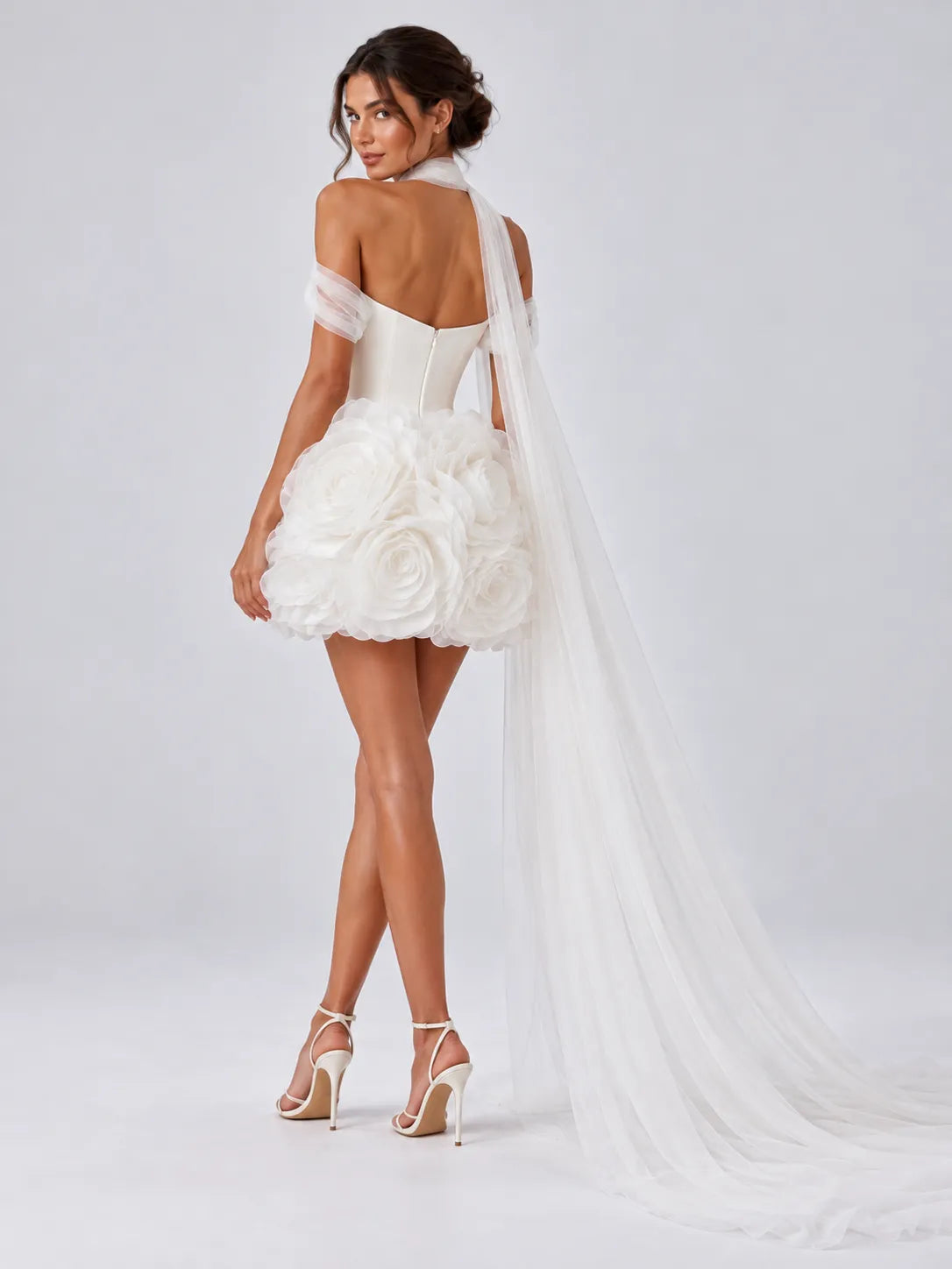 Strapless Sweetheart 3D Rosette Mini Wedding Dress with Detachable Sheer Scarf Train