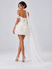 Strapless Sweetheart 3D Rosette Mini Wedding Dress with Detachable Sheer Scarf Train