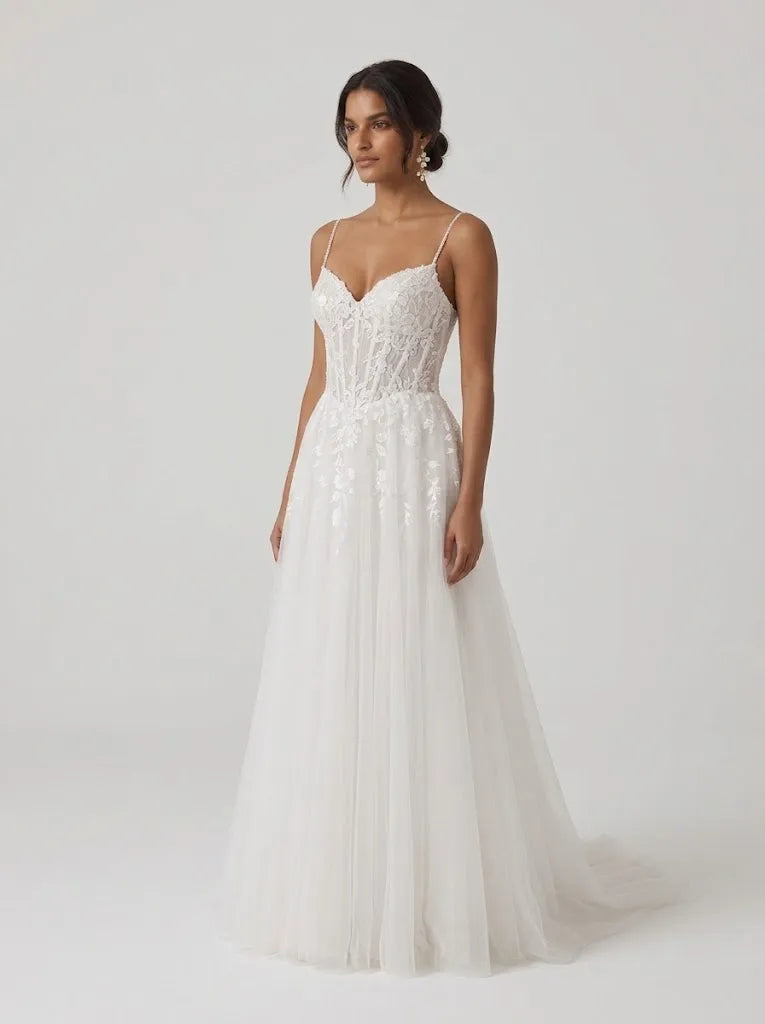 Spaghetti Strap Embroidered Lace Corset A-Line Wedding Dress with Covered Button Placket and Sweep Train