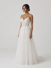 Spaghetti Strap Embroidered Lace Corset A-Line Wedding Dress with Covered Button Placket and Sweep Train