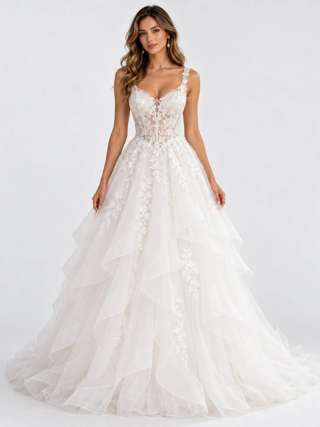 Sleeveless Tiered Organza A-Line Wedding Dress with Illusion Corset Bodice and Cathedral Train