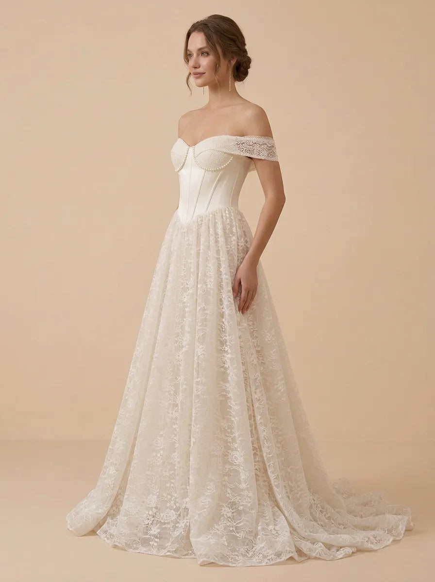 Off-the-Shoulder Lace A-Line Wedding Dress with Corset Bodice