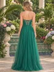 Strapless Crystal Beaded Emerald Green Tulle A-Line Prom Dress with Plunging V-Neck and Corset Back