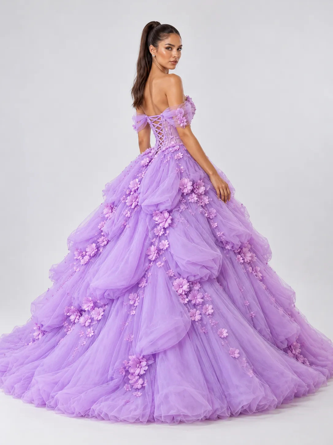 Off-the-Shoulder 3D Floral Applique Voluminous Ball Gown Evening Dress with Corset Back and Sweep Train