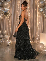 Strapless Tiered Sequin-Embellished A-Line Prom Dress