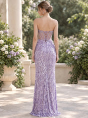 Strapless Beaded Sheath Prom Dress with Corset Bodice and High Front Slit