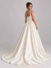 Square-Neck Beaded Strap Satin Wedding Dress Ball Gown with Draped Bodice and Covered Button Back