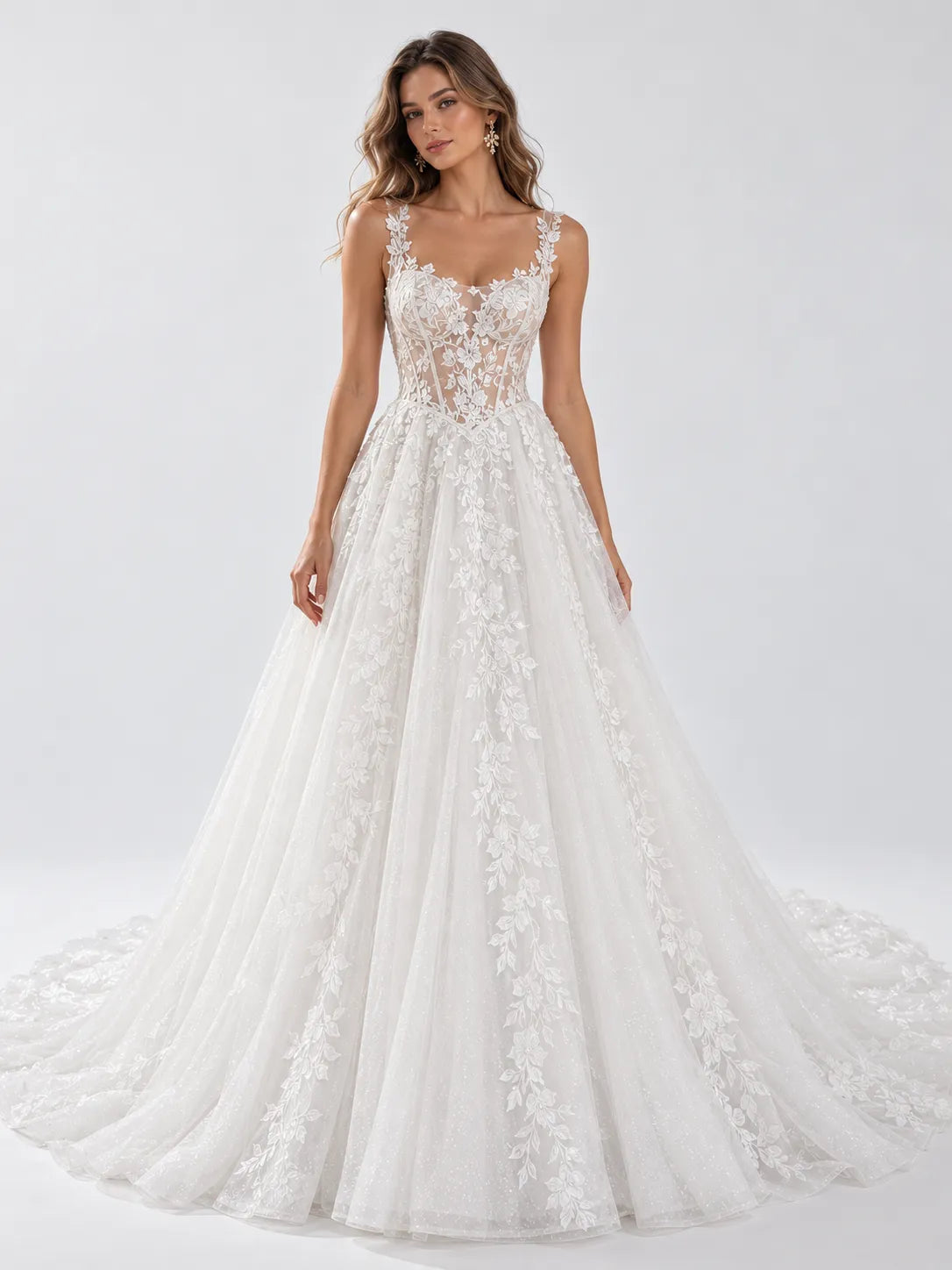 Sleeveless Floral Lace A-Line Wedding Dress with Illusion Corset Bodice and Cathedral Train