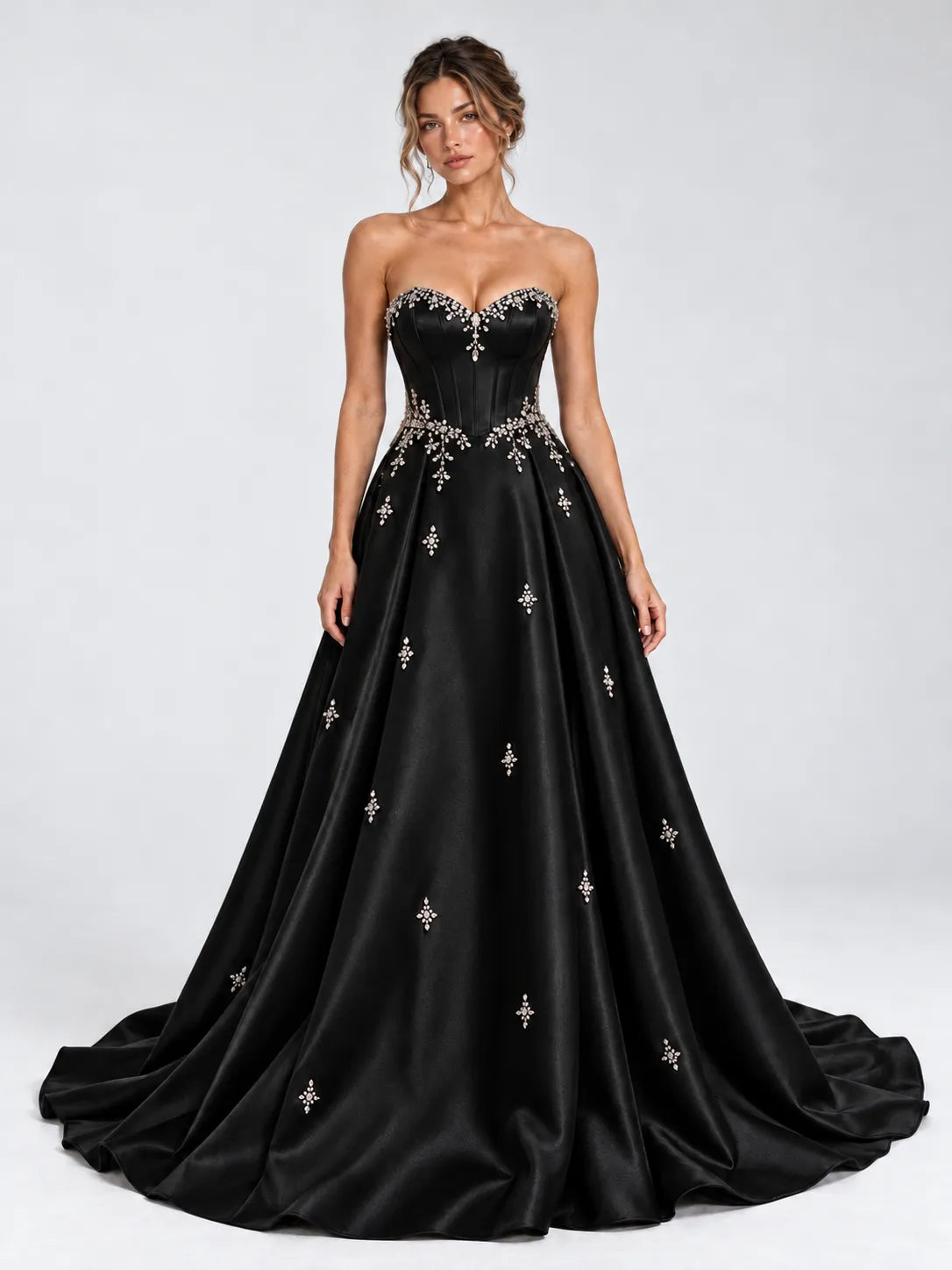 Strapless Crystal-Embellished Satin Ball Gown Wedding Dress