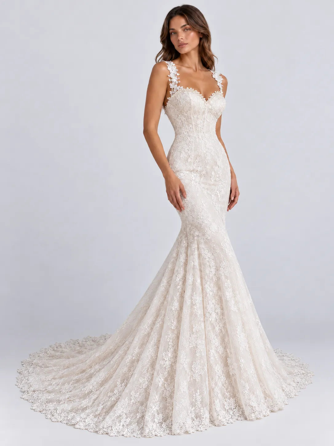 Sleepless Lace Mermaid Wedding Dress with Open V-Back and Chapel Train
