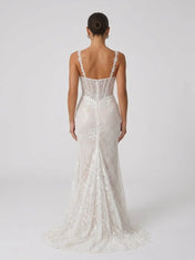 Spaghetti Strap Sheer Corset Beaded Lace Mermaid Wedding Dress with Sweep Train