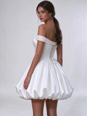 Off-the-Shoulder Pearl Satin Corset Bubble Mini Dress Wedding Dress