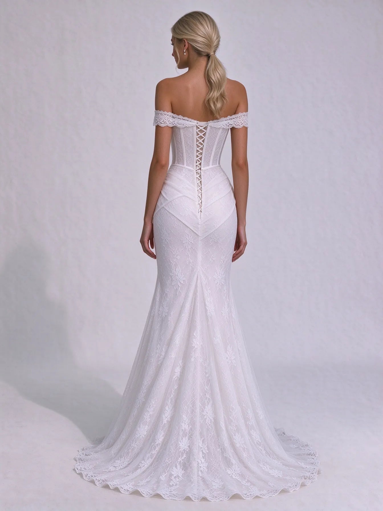 Off-The-Shoulder Scalloped Lace Corset Mermaid Bridal Wedding Dress with Slit